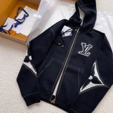 Graphic Intarsia Zipped Cotton Hoodie LV